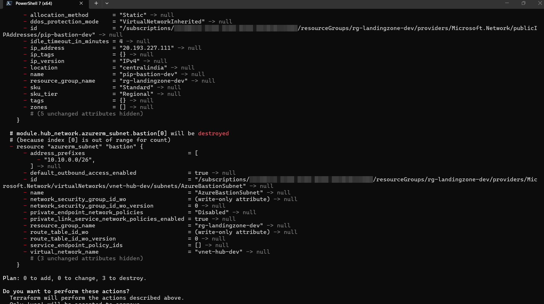 Terraform plan output showing the Bastion host, public IP, and subnet scheduled for destruction with zero other resources affected