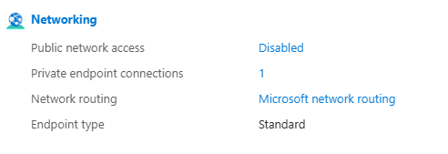 Azure portal Networking blade showing Public network access set to Disabled and one private endpoint connection