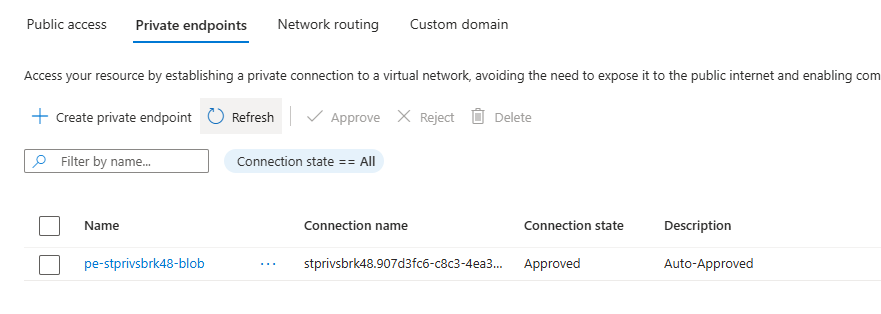 Azure portal private endpoints list showing pe-stprivsbrk48-blob with connection state Approved and description Auto-Approved