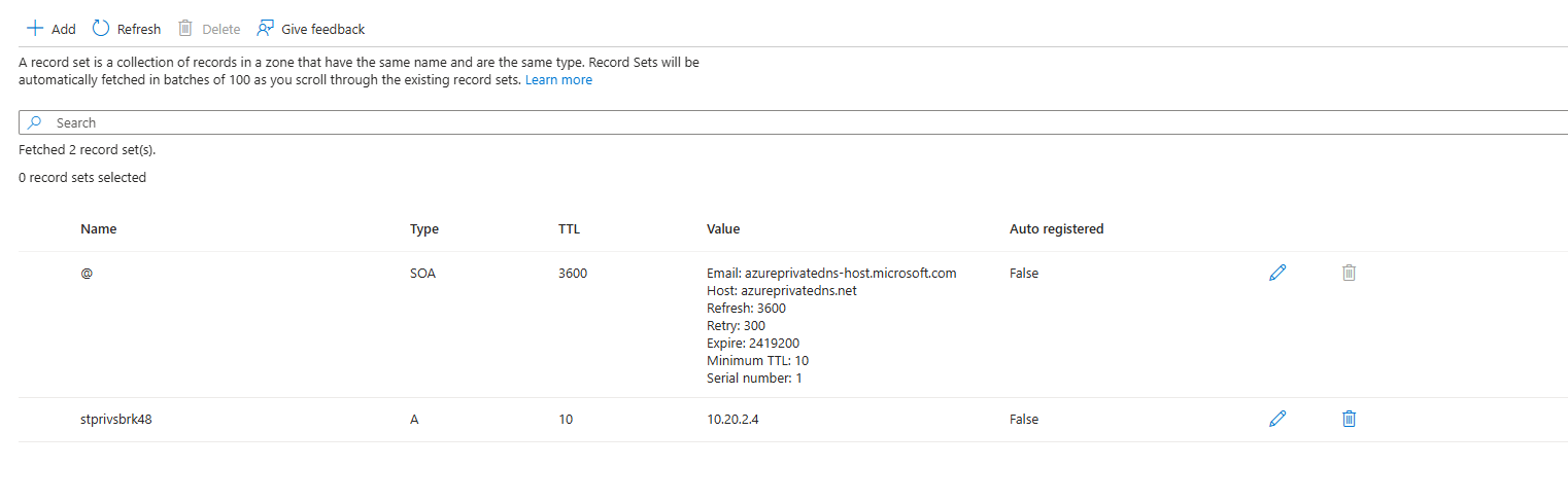 Azure portal private DNS zone record sets showing an A record for stprivsbrk48 resolving to 10.20.2.4 alongside the default SOA record