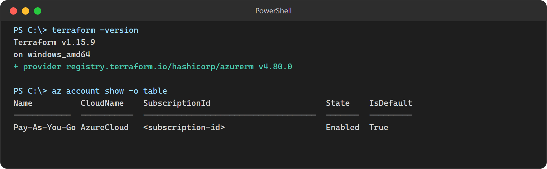 PowerShell showing Terraform v1.15.9 with azurerm v4.80.0 and az account show confirming the subscription