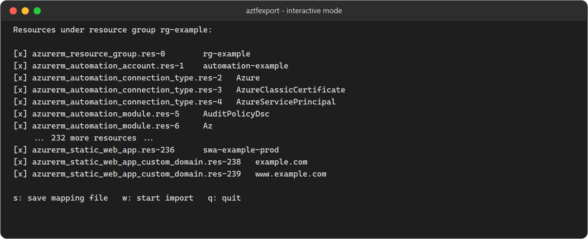 aztfexport interactive mode listing 239 resources in the resource group