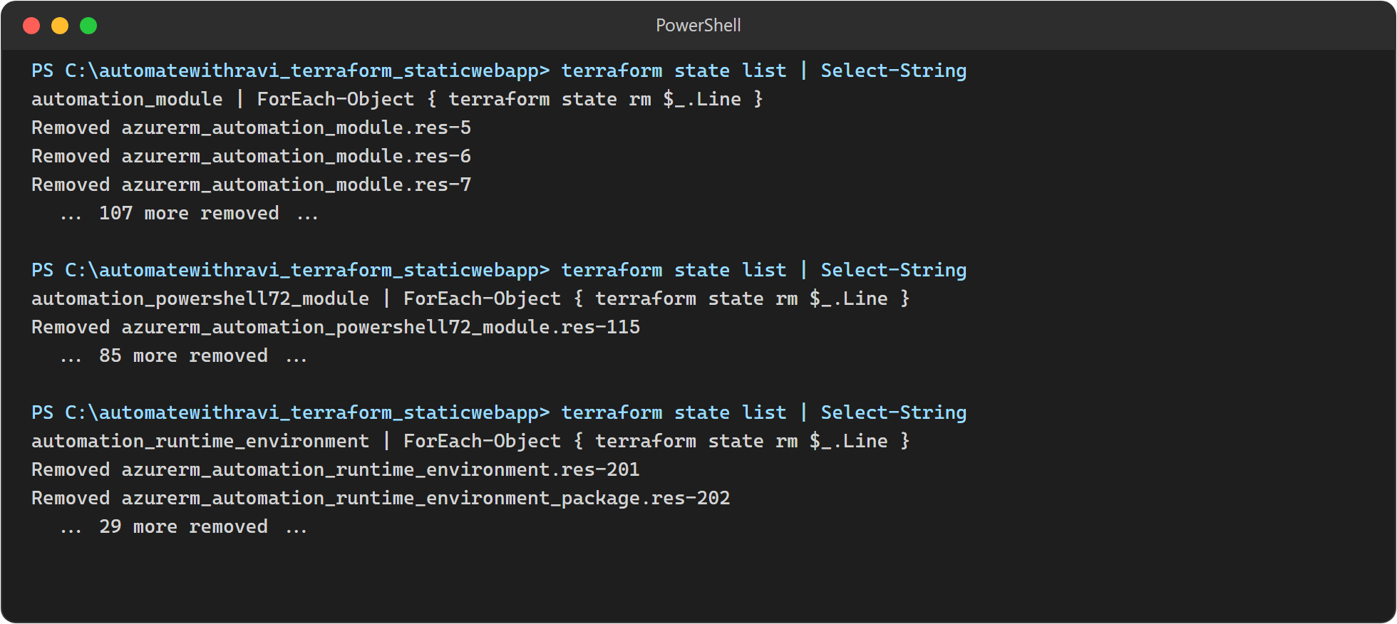 terraform state rm removing 110 automation modules, 86 PowerShell 7.2 modules and 31 runtime environment resources