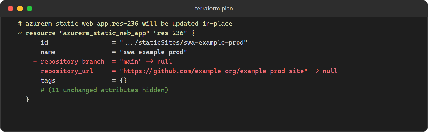 terraform plan setting repository_branch and repository_url on azurerm_static_web_app to null
