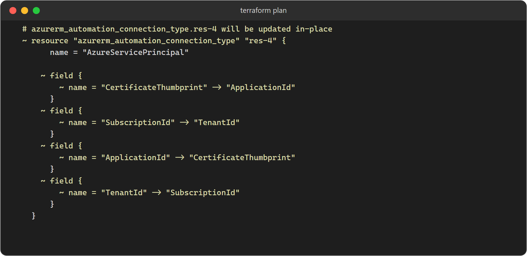 terraform plan showing field block names swapping on azurerm_automation_connection_type