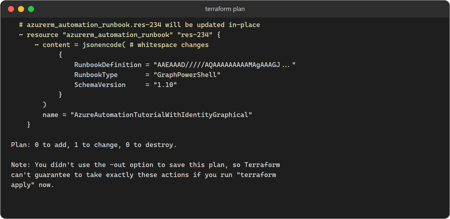terraform plan: 0 to add, 1 to change, 0 to destroy