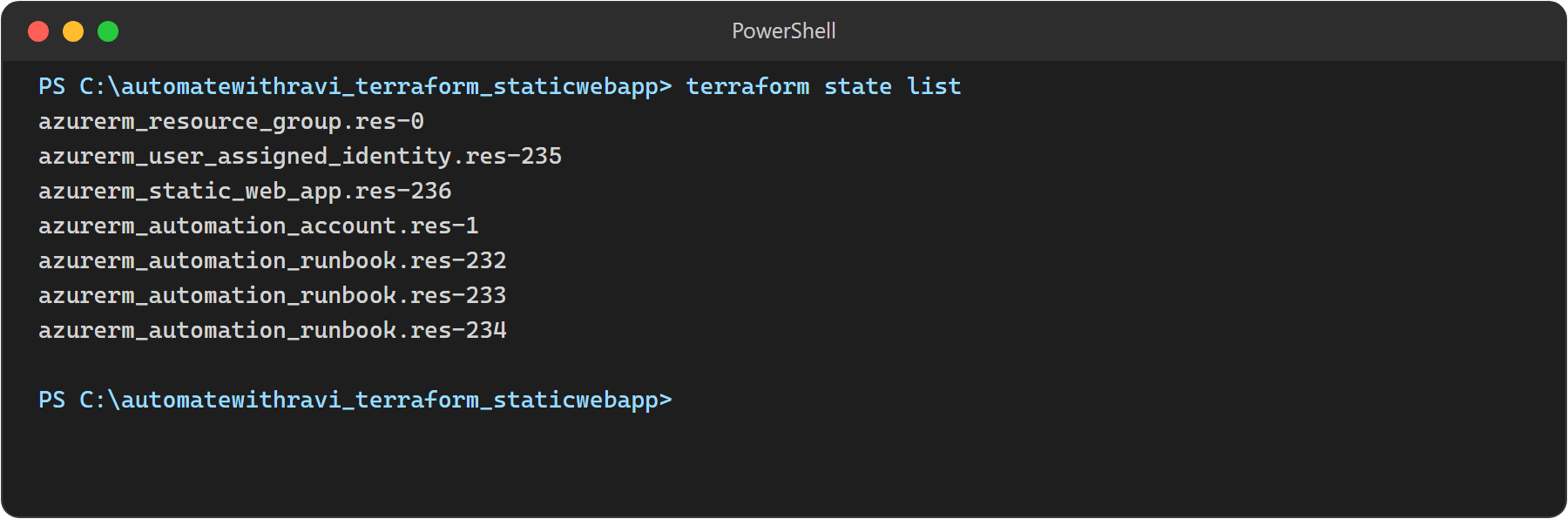 terraform state list showing the final seven managed resources