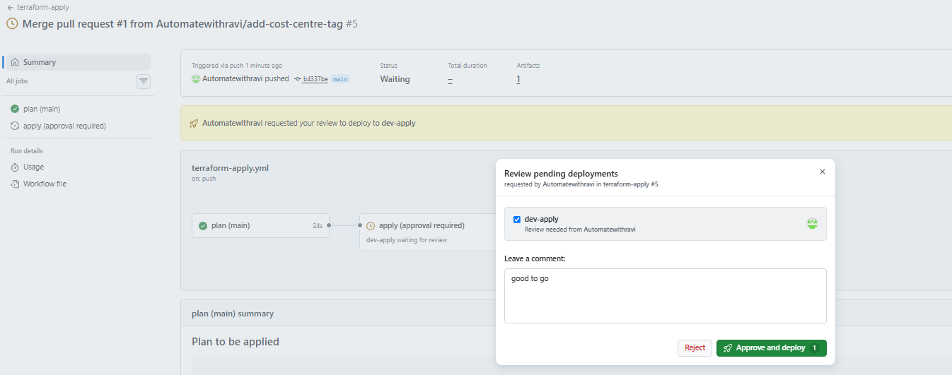 GitHub review pending deployments dialog for the dev-apply environment with an approve and deploy button