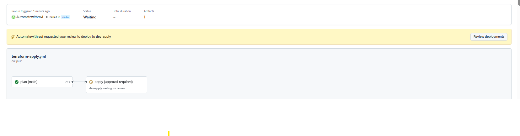 GitHub Actions run with the plan job green and the apply job waiting for review on the dev-apply environment