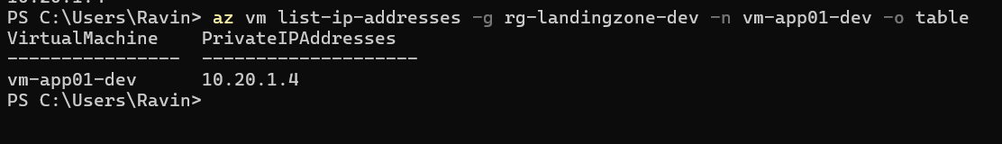 Azure CLI output showing vm-app01-dev with only a private IP address 10.20.1.4 and no public IP address