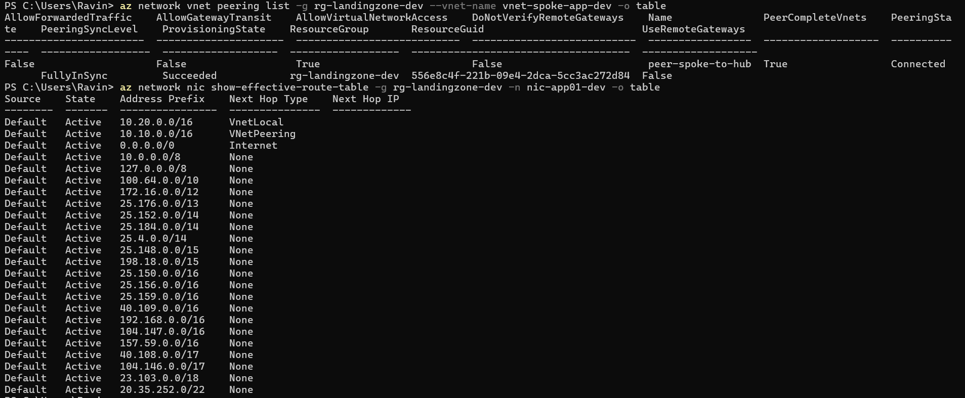 Azure CLI output showing the reverse peer-spoke-to-hub connection and the effective route table with a VNetPeering route to 10.10.0.0/16