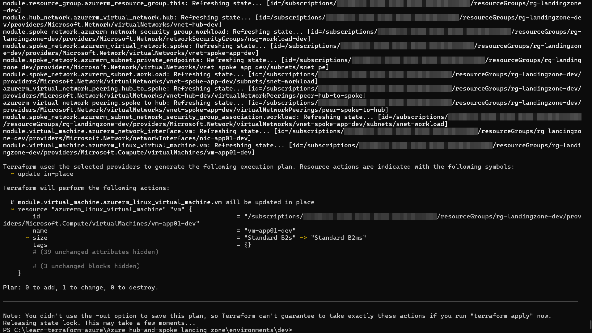 Terraform plan output showing a single in-place update to the VM size attribute, with zero other resources changed